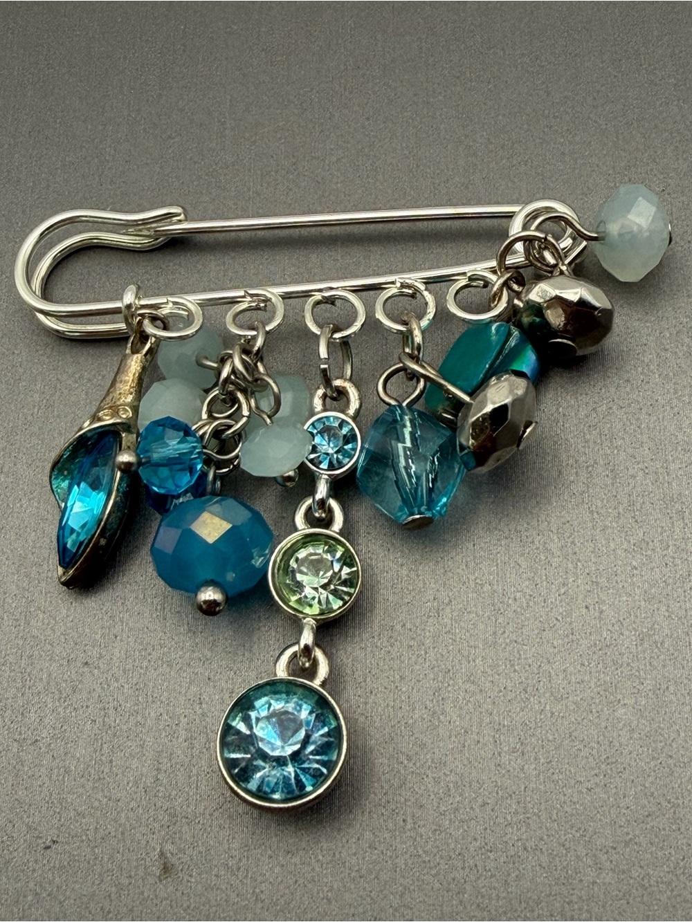 Blue Aqua Crystal Charm Safety Pin Brooch Napier Dangle
